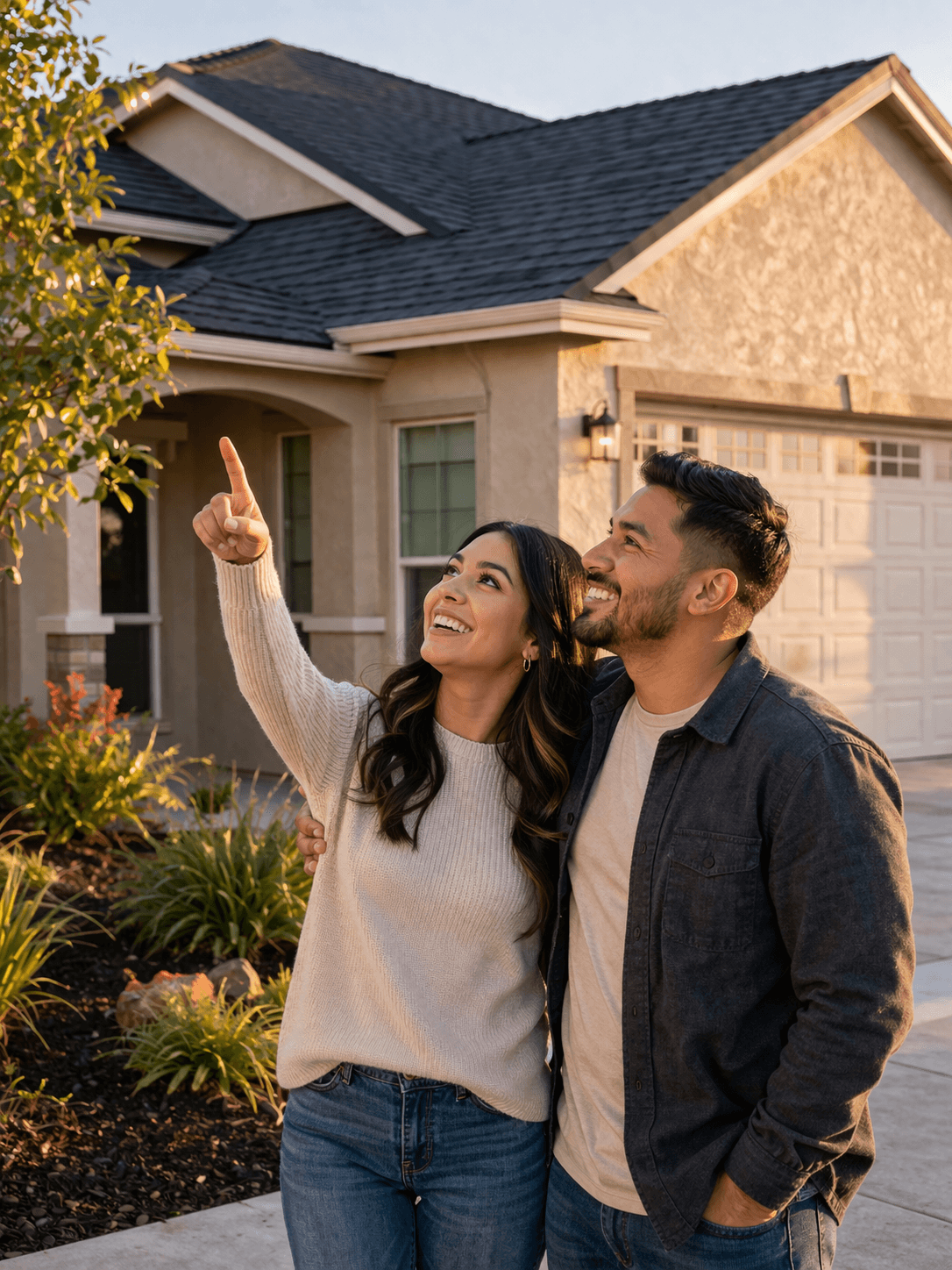 Happy homeowners in front of their newly upgraded home